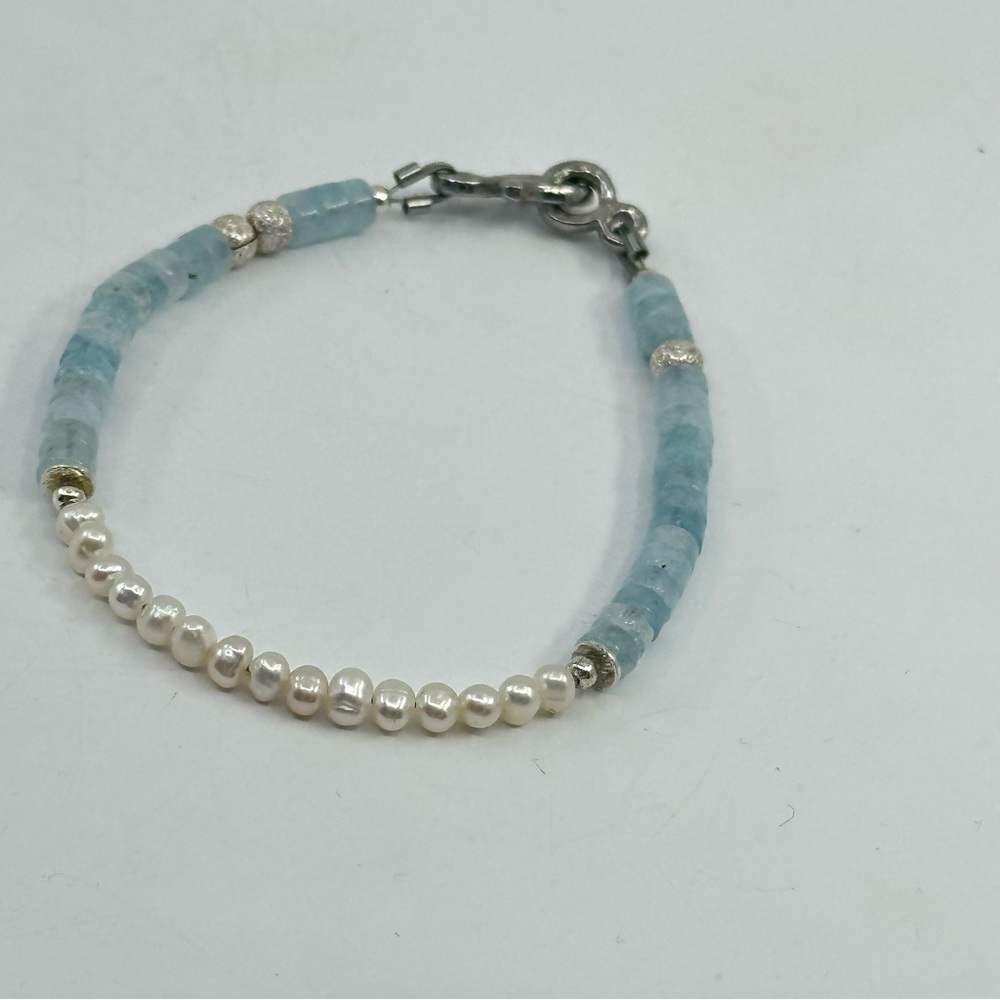#346 New Handmade Aquamarine & Tiny Pearls Bracelet with Hook Clasp